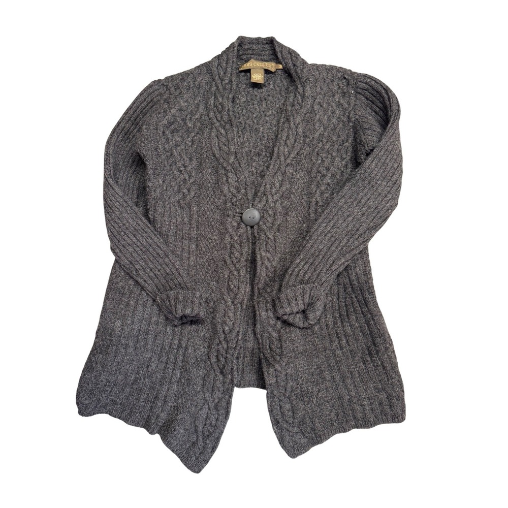 Inis Crafts Ireland Merino Wool Cable Knit Button Cardigan Sweater Grey Medium